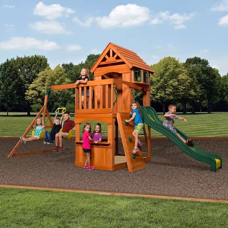 Backyard Discovery Atlantis Wooden Swing Set Play Centre with Slide, Fort & Swings for Kids Garden - Baig Merchant