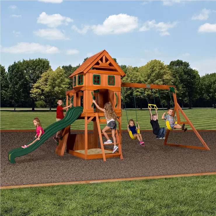 Backyard Discovery Atlantis Wooden Swing Set Play Centre with Slide, Fort & Swings for Kids Garden - Baig Merchant