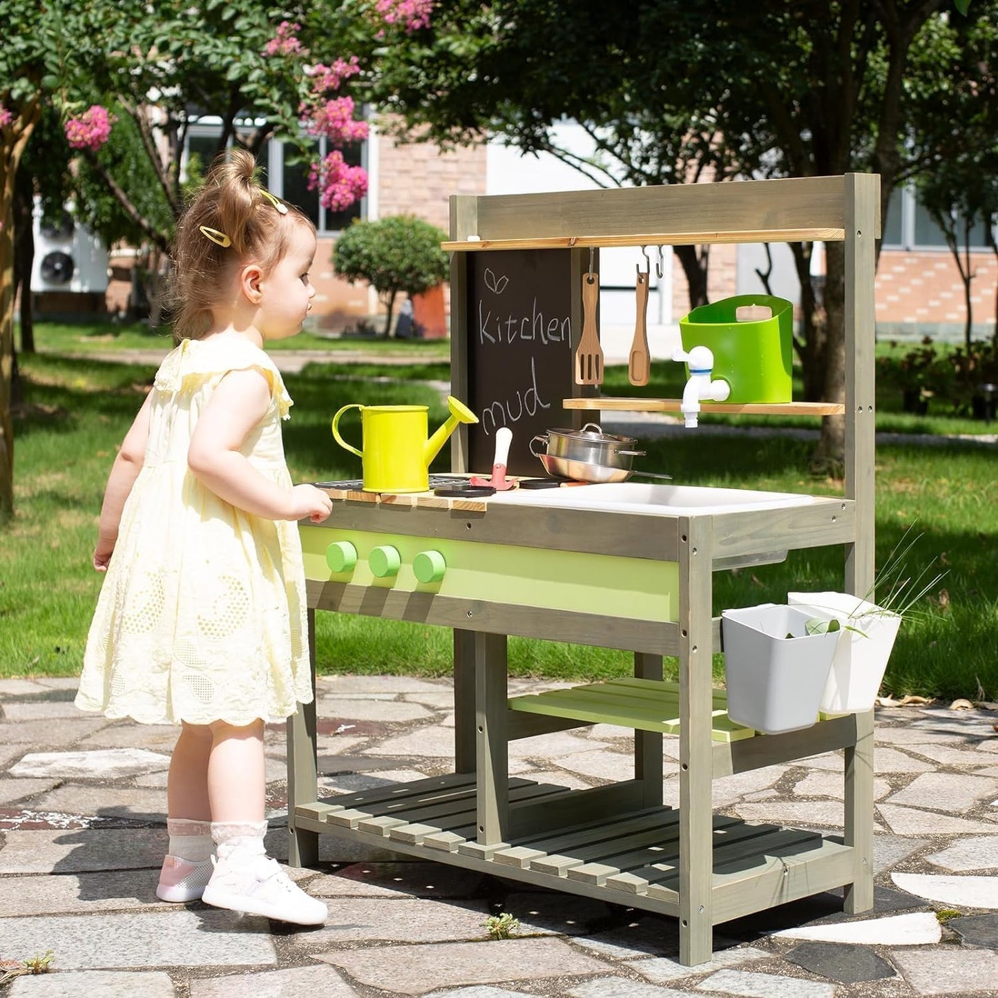 Deluxe Wooden Mud Kitchen Playset for Kids, Outdoor & Indoor, Water Sink, BBQ, Accessories - Baig Merchant