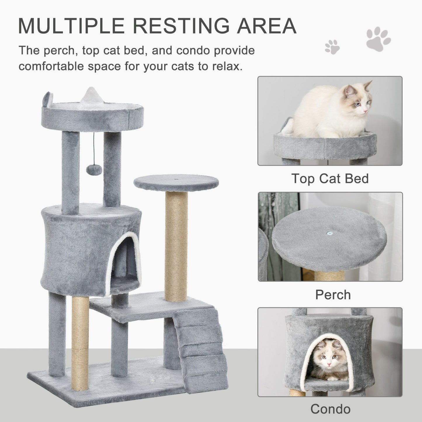 PawHut 100cm Cat Tree Tower for Indoor Cats Condo Multi Platform Kitty Cat Center with Climbing Ladder Scratching Post Hanging Toy Ball, Light Grey - Baig Merchant