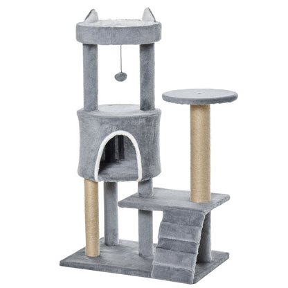 PawHut 100cm Cat Tree Tower for Indoor Cats Condo Multi Platform Kitty Cat Center with Climbing Ladder Scratching Post Hanging Toy Ball, Light Grey - Baig Merchant