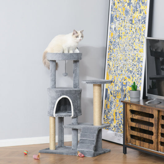 PawHut 100cm Cat Tree Tower for Indoor Cats Condo Multi Platform Kitty Cat Center with Climbing Ladder Scratching Post Hanging Toy Ball, Light Grey - Baig Merchant