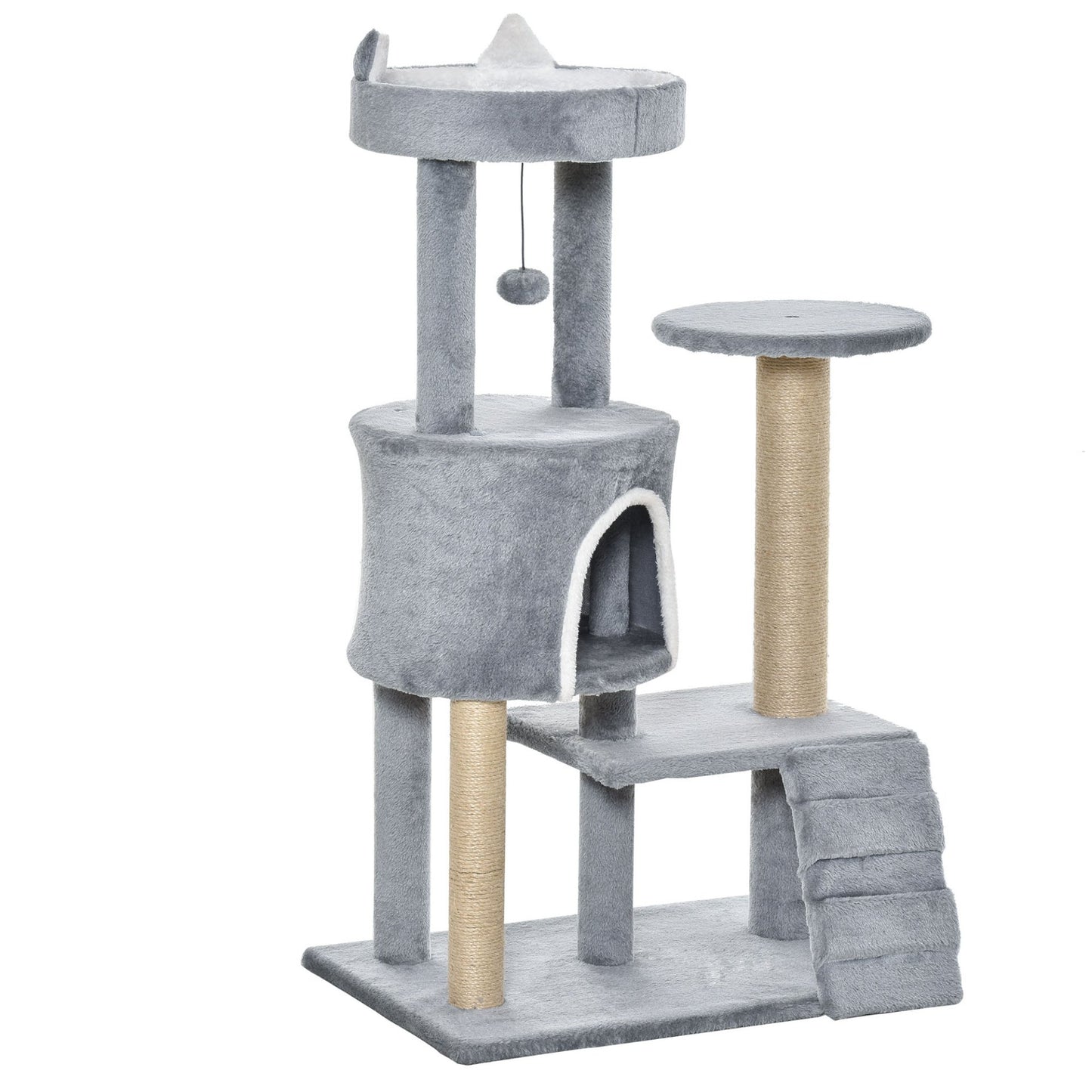 PawHut 100cm Cat Tree Tower for Indoor Cats Condo Multi Platform Kitty Cat Center with Climbing Ladder Scratching Post Hanging Toy Ball, Light Grey - Baig Merchant