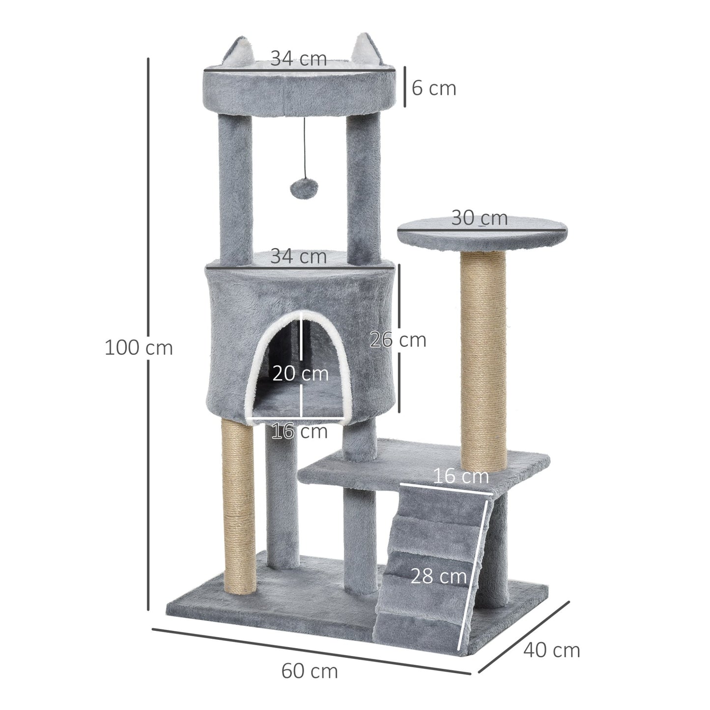 PawHut 100cm Cat Tree Tower for Indoor Cats Condo Multi Platform Kitty Cat Center with Climbing Ladder Scratching Post Hanging Toy Ball, Light Grey - Baig Merchant