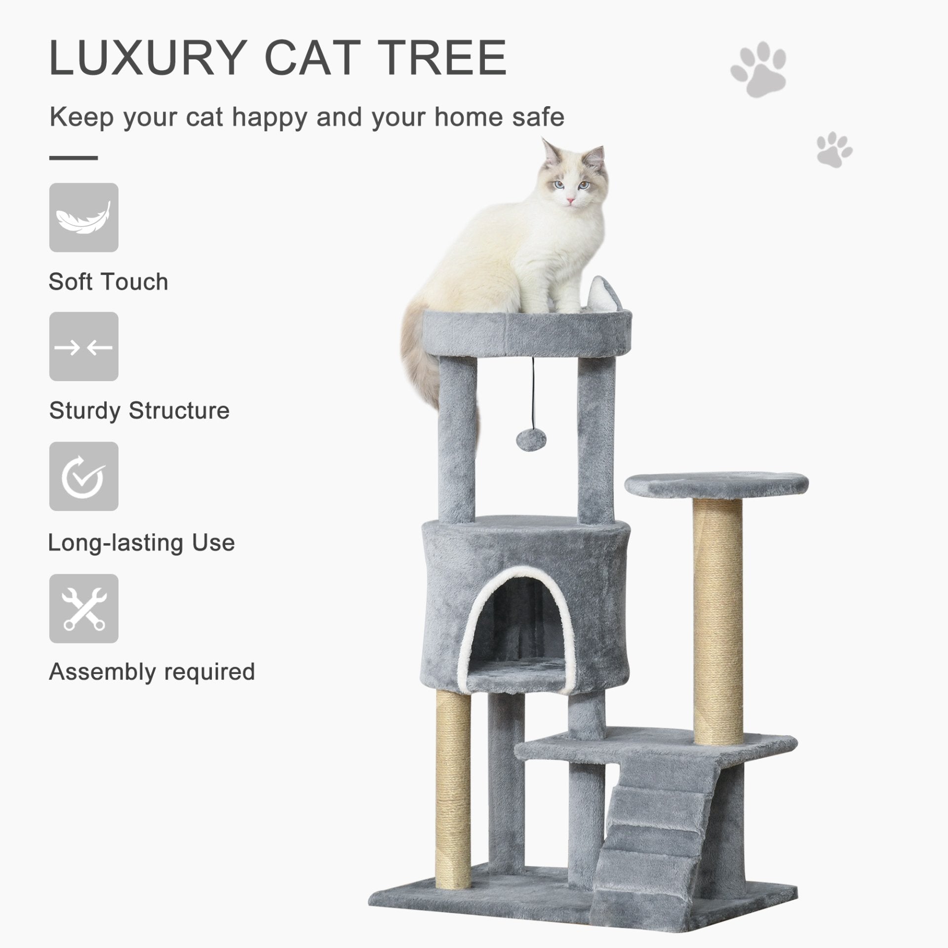 PawHut 100cm Cat Tree Tower for Indoor Cats Condo Multi Platform Kitty Cat Center with Climbing Ladder Scratching Post Hanging Toy Ball, Light Grey - Baig Merchant