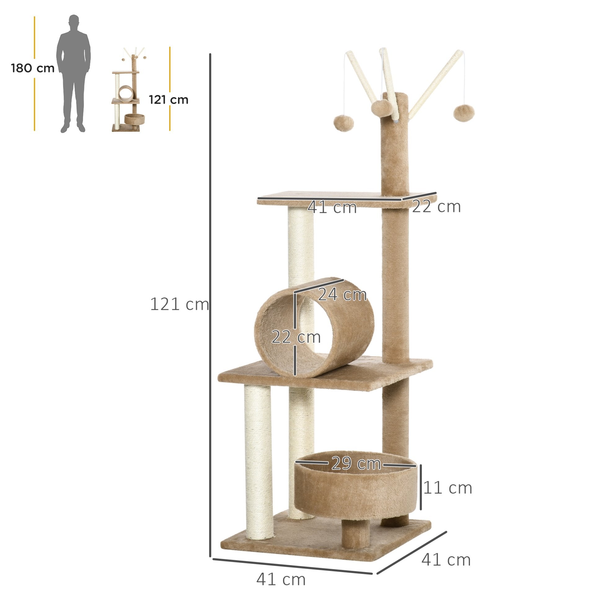 PawHut 121cm Cat Tree Tower for Indoor Cats Kitten Activity Center Scratching Post with Bed Tunnel Perch Interactive Ball Toy Brown - Baig Merchant