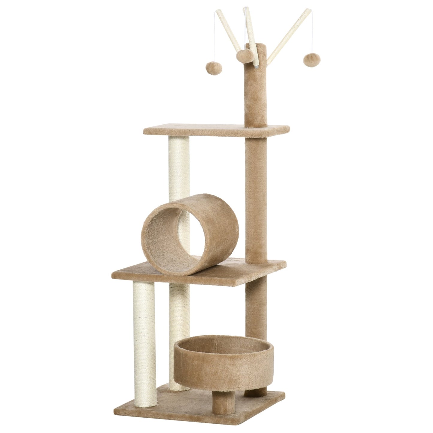 PawHut 121cm Cat Tree Tower for Indoor Cats Kitten Activity Center Scratching Post with Bed Tunnel Perch Interactive Ball Toy Brown - Baig Merchant