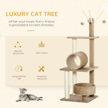 PawHut 121cm Cat Tree Tower for Indoor Cats Kitten Activity Center Scratching Post with Bed Tunnel Perch Interactive Ball Toy Brown - Baig Merchant