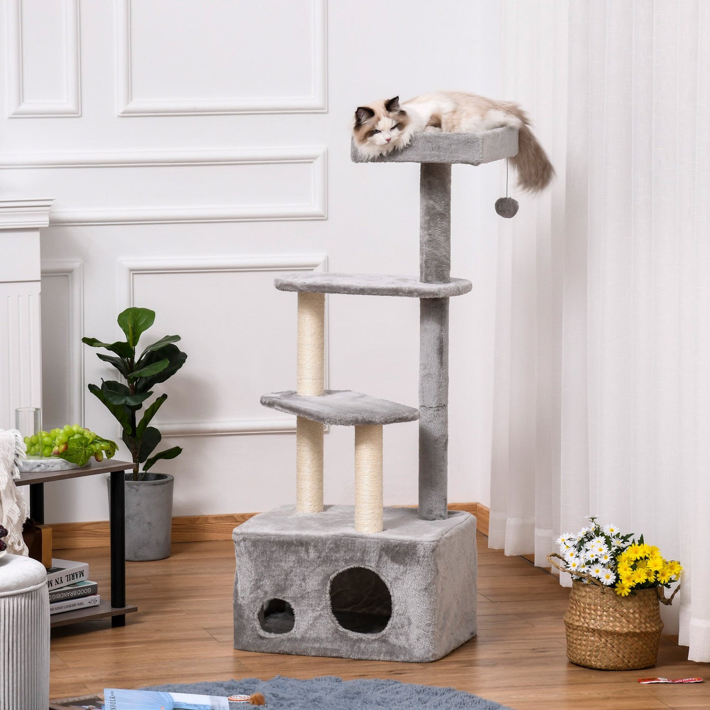 PawHut 125cm Cat Tree for Indoor Cats Kitten Tower 4 level Activity Center Pet Furniture Sisal Scratching Post Condo Plush Perches Hanging Ball Grey - Baig Merchant