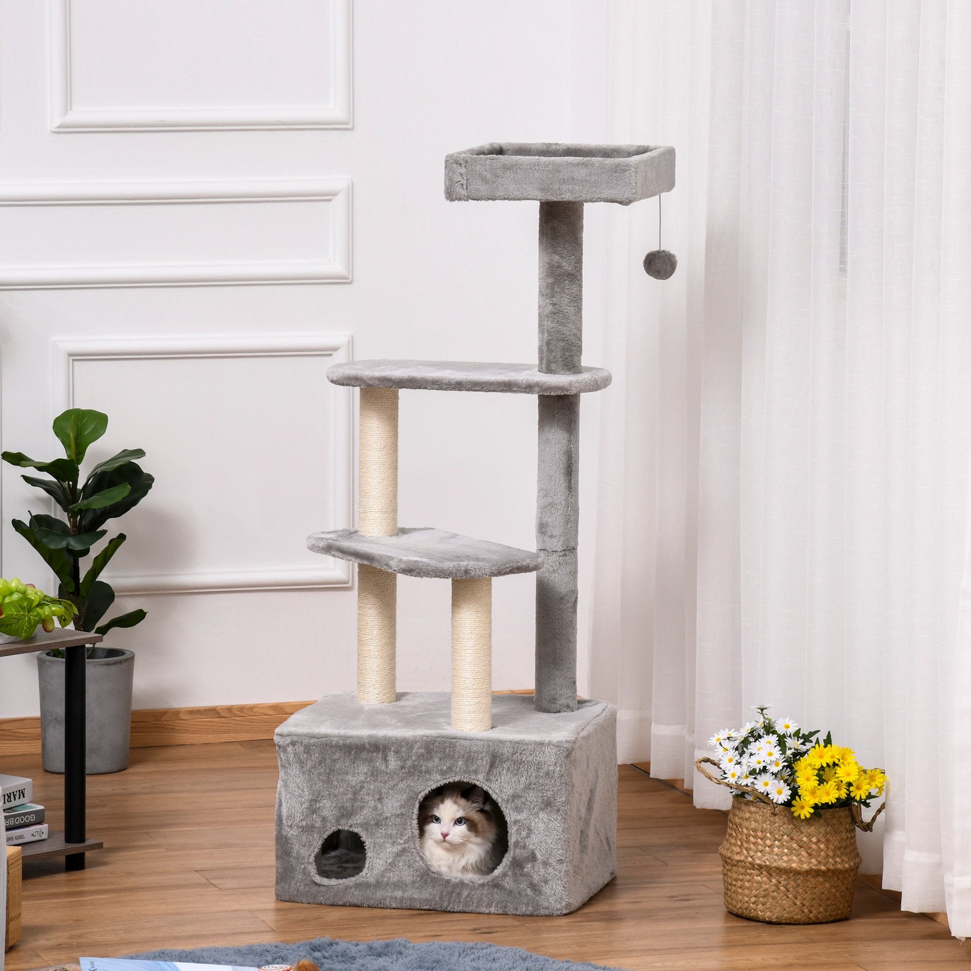 PawHut 125cm Cat Tree for Indoor Cats Kitten Tower 4 level Activity Center Pet Furniture Sisal Scratching Post Condo Plush Perches Hanging Ball Grey - Baig Merchant