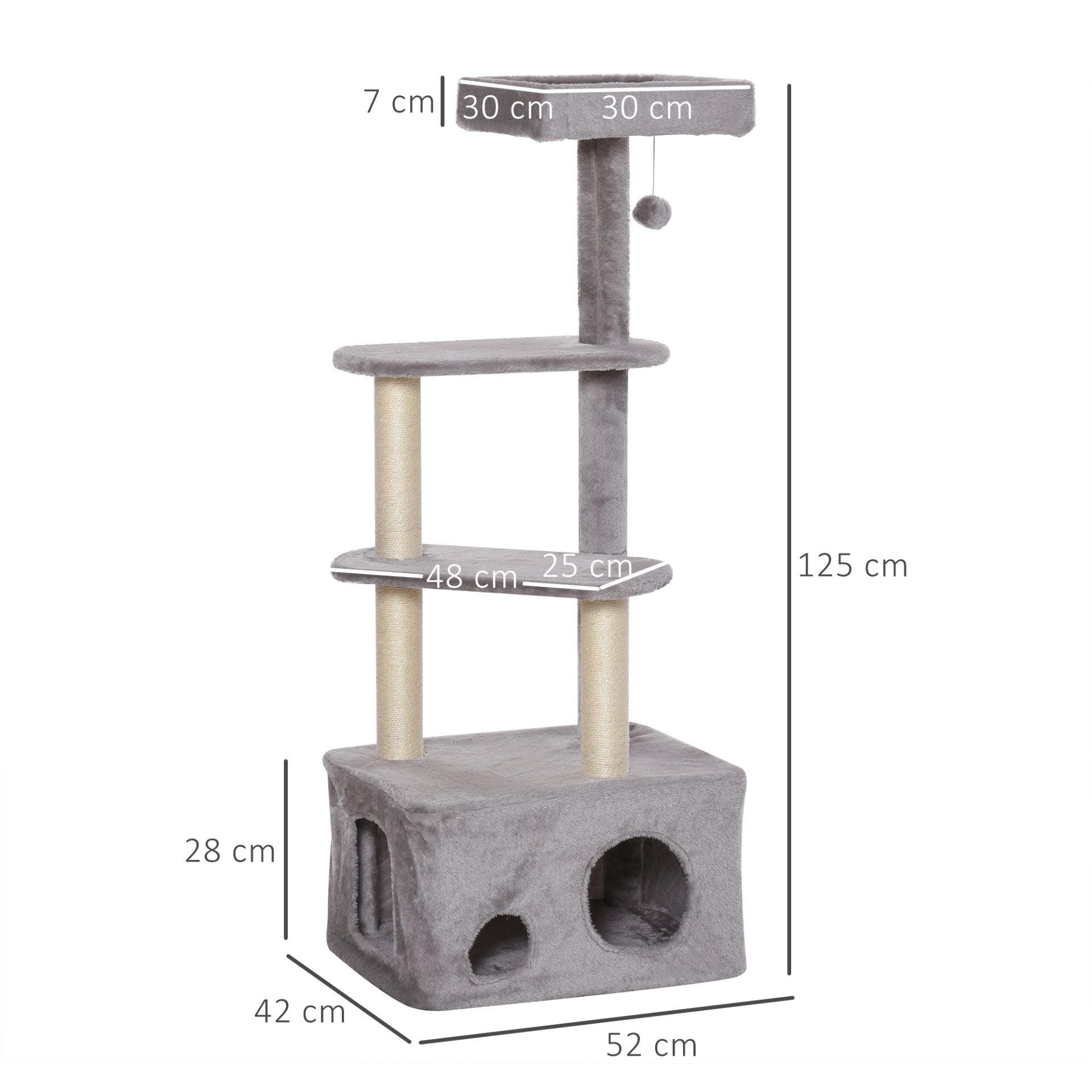 PawHut 125cm Cat Tree for Indoor Cats Kitten Tower 4 level Activity Center Pet Furniture Sisal Scratching Post Condo Plush Perches Hanging Ball Grey - Baig Merchant