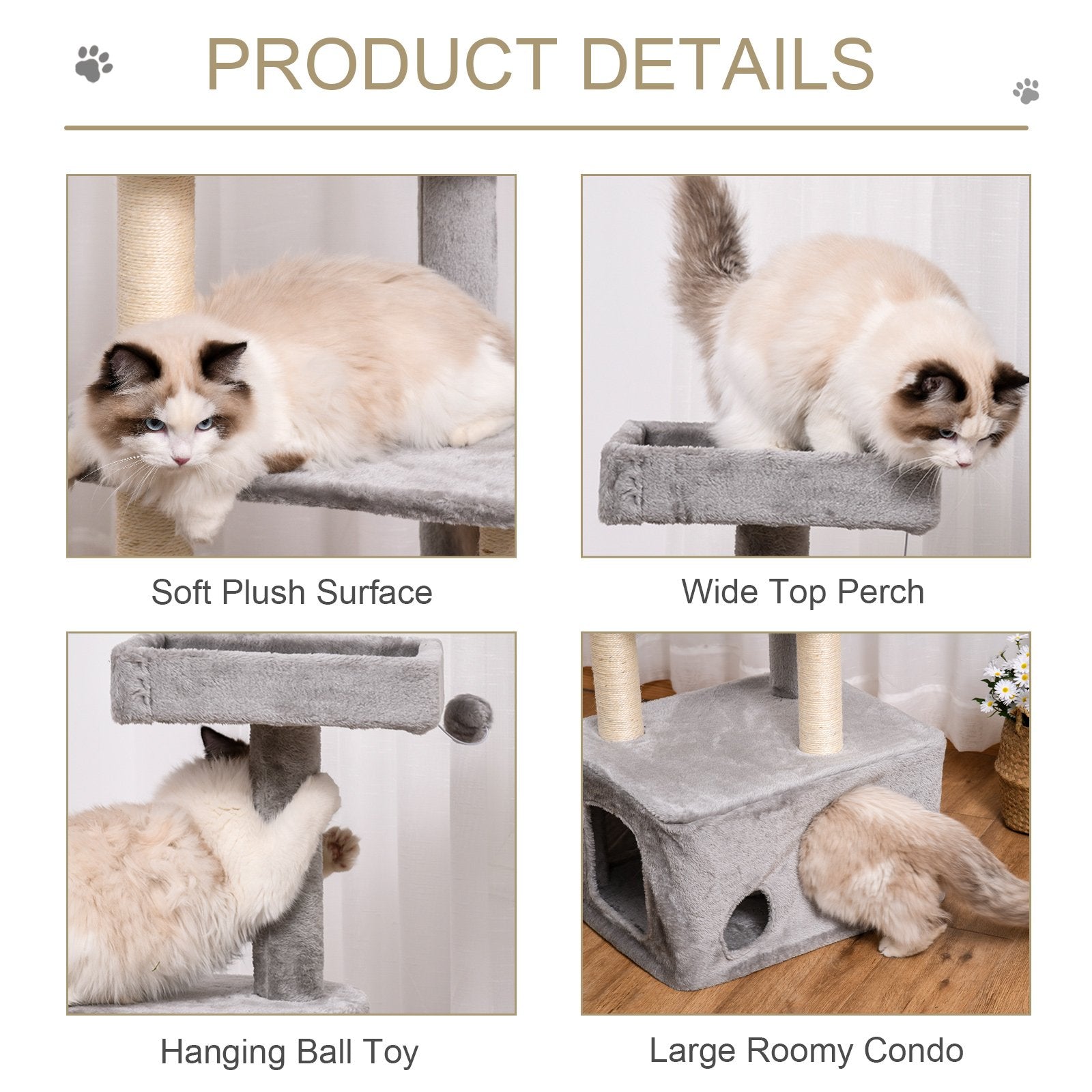 PawHut 125cm Cat Tree for Indoor Cats Kitten Tower 4 level Activity Center Pet Furniture Sisal Scratching Post Condo Plush Perches Hanging Ball Grey - Baig Merchant