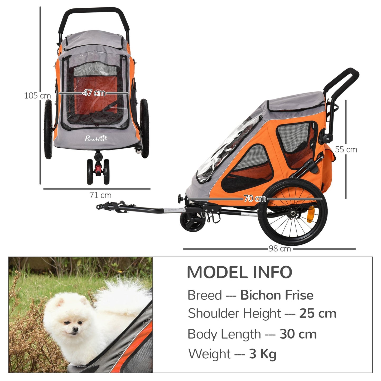 PawHut 2 IN 1 Dog Bike Trailer Pet Carrier Stroller 360° Rotatable Front Wheel Reflectors Parking Straps Hitch Coupler Cup Holder Water Resistant Orange - Baig Merchant