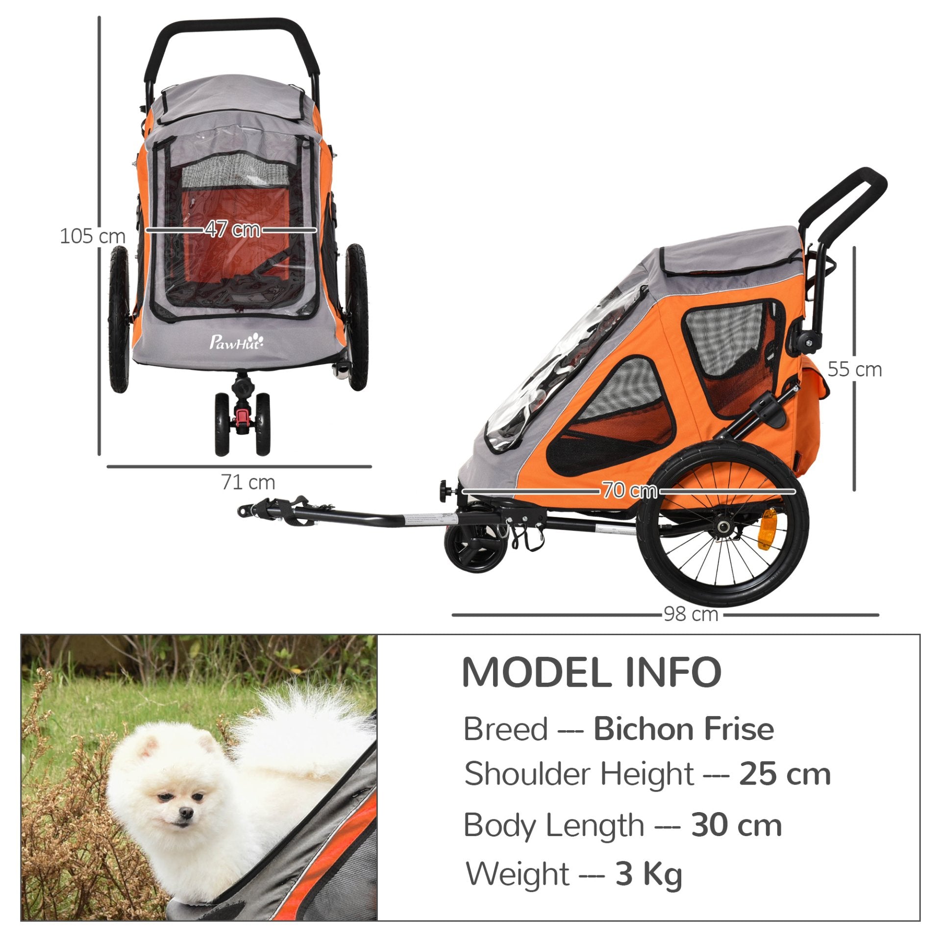 PawHut 2 IN 1 Dog Bike Trailer Pet Carrier Stroller 360° Rotatable Front Wheel Reflectors Parking Straps Hitch Coupler Cup Holder Water Resistant Orange - Baig Merchant