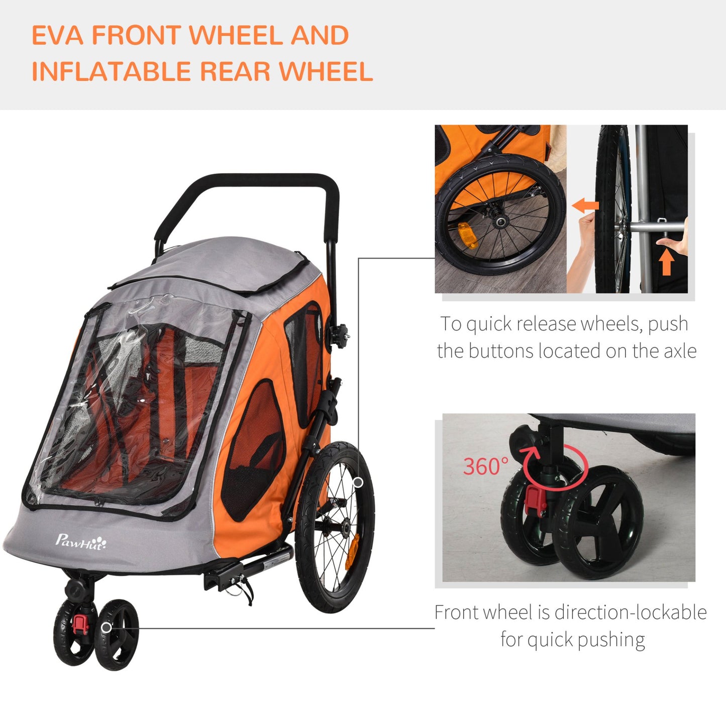 PawHut 2 IN 1 Dog Bike Trailer Pet Carrier Stroller 360° Rotatable Front Wheel Reflectors Parking Straps Hitch Coupler Cup Holder Water Resistant Orange - Baig Merchant