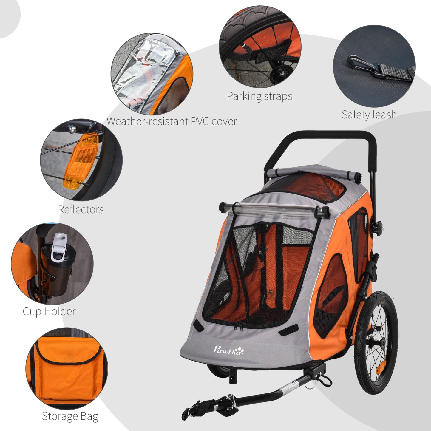 PawHut 2 IN 1 Dog Bike Trailer Pet Carrier Stroller 360° Rotatable Front Wheel Reflectors Parking Straps Hitch Coupler Cup Holder Water Resistant Orange - Baig Merchant