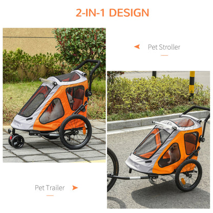 PawHut 2 IN 1 Dog Bike Trailer Pet Carrier Stroller 360° Rotatable Front Wheel Reflectors Parking Straps Hitch Coupler Cup Holder Water Resistant Orange - Baig Merchant