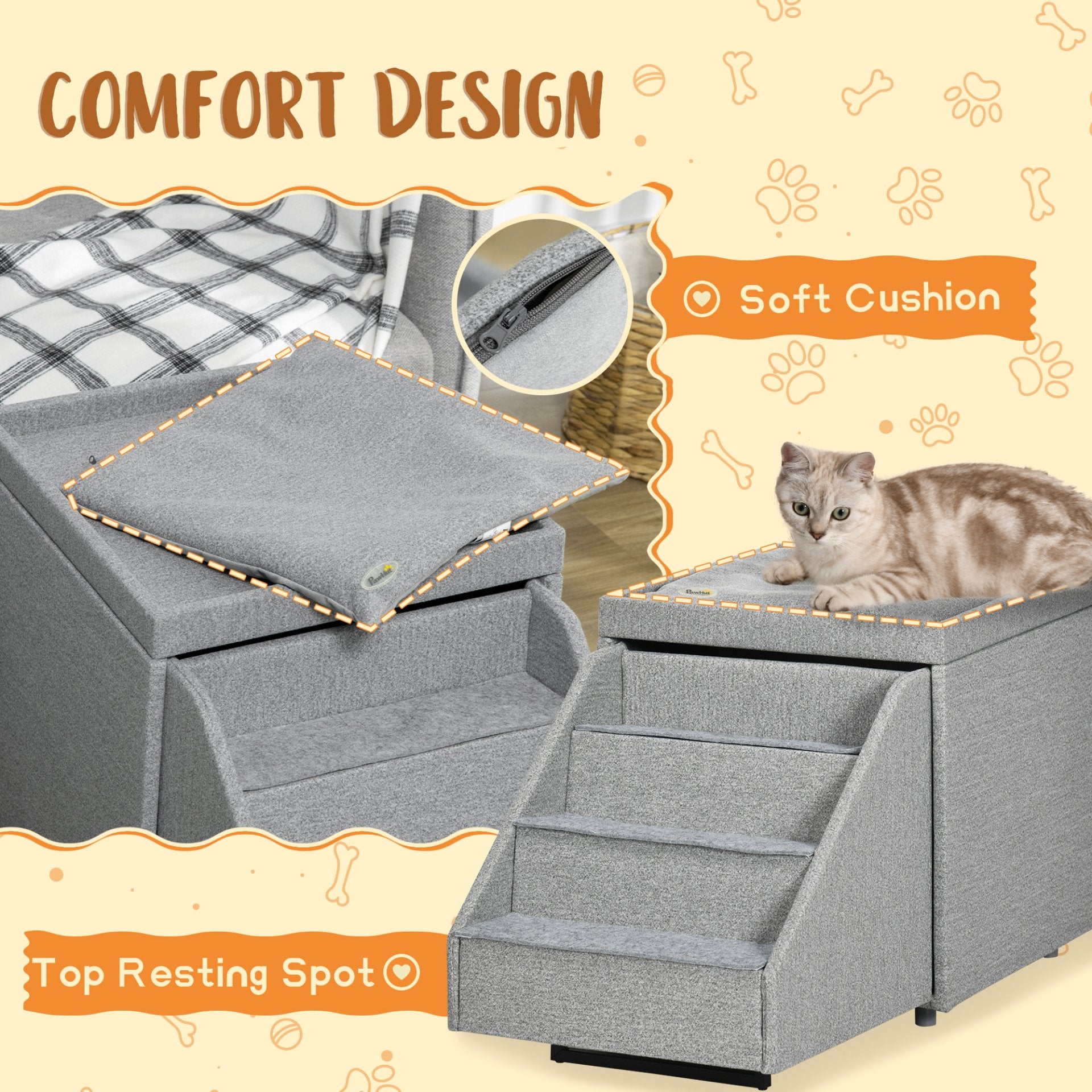 PawHut 2 in 1 Dog Steps Ottoman, 4 Tiers Pet Stairs for Small Medium Dogs and Cats, Pet Ladder w/ Storage Basket, Soft Washable Cushion, for High Bed, Sofa - Light Grey - Baig Merchant