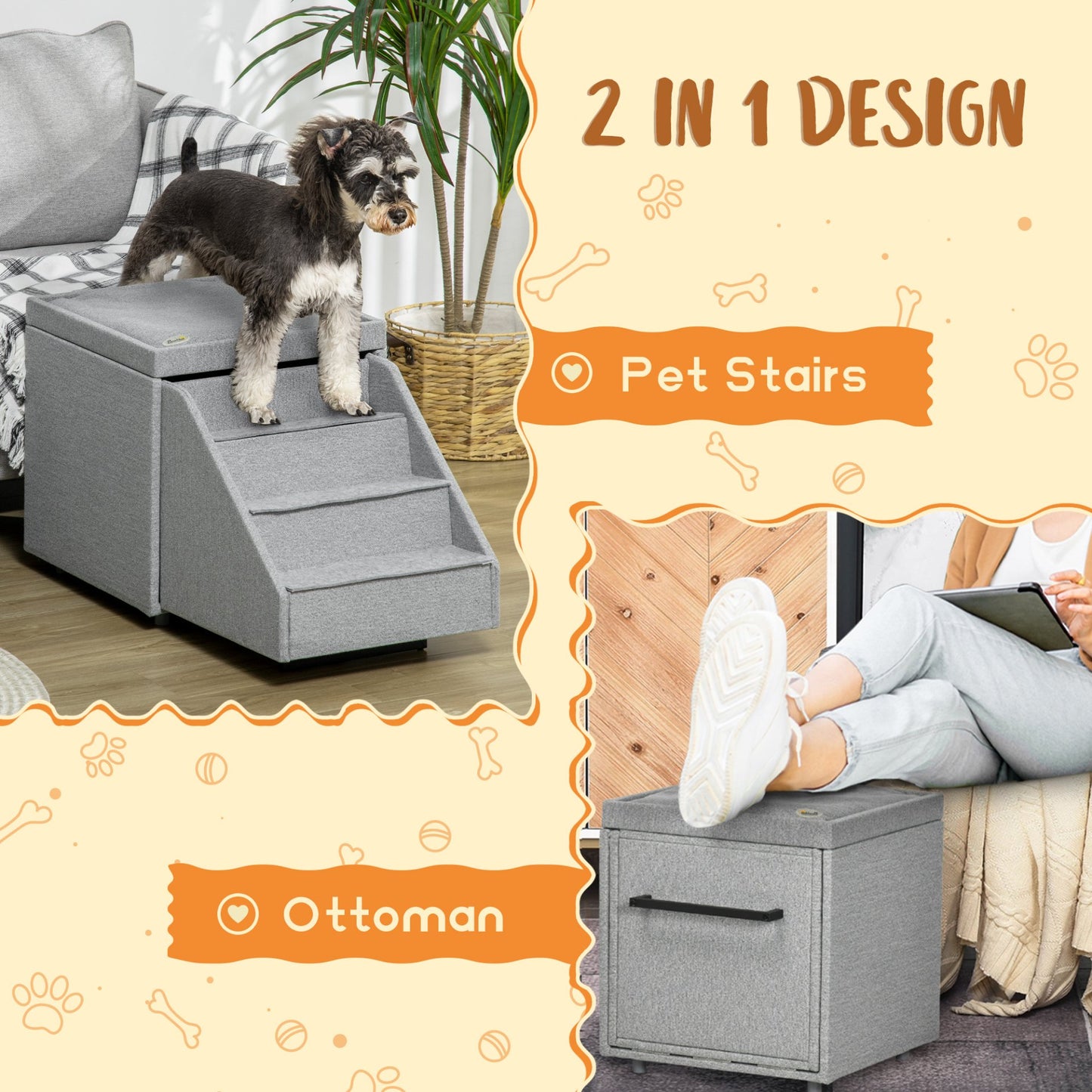 PawHut 2 in 1 Dog Steps Ottoman, 4 Tiers Pet Stairs for Small Medium Dogs and Cats, Pet Ladder w/ Storage Basket, Soft Washable Cushion, for High Bed, Sofa - Light Grey - Baig Merchant