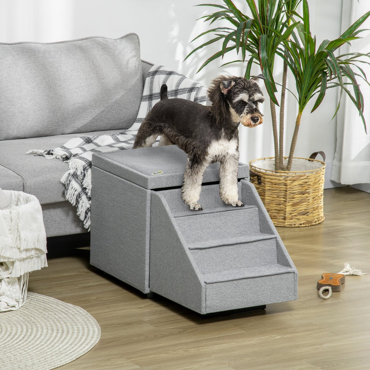 PawHut 2 in 1 Dog Steps Ottoman, 4 Tiers Pet Stairs for Small Medium Dogs and Cats, Pet Ladder w/ Storage Basket, Soft Washable Cushion, for High Bed, Sofa - Light Grey - Baig Merchant