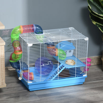 Pawhut 2 Tier Hamster Cage Carrier Habitat Small Animal House with Exercise Wheels Tunnel Tube Water Bottle Dishes House Ladder for Dwarf Mice, Blue - Baig Merchant