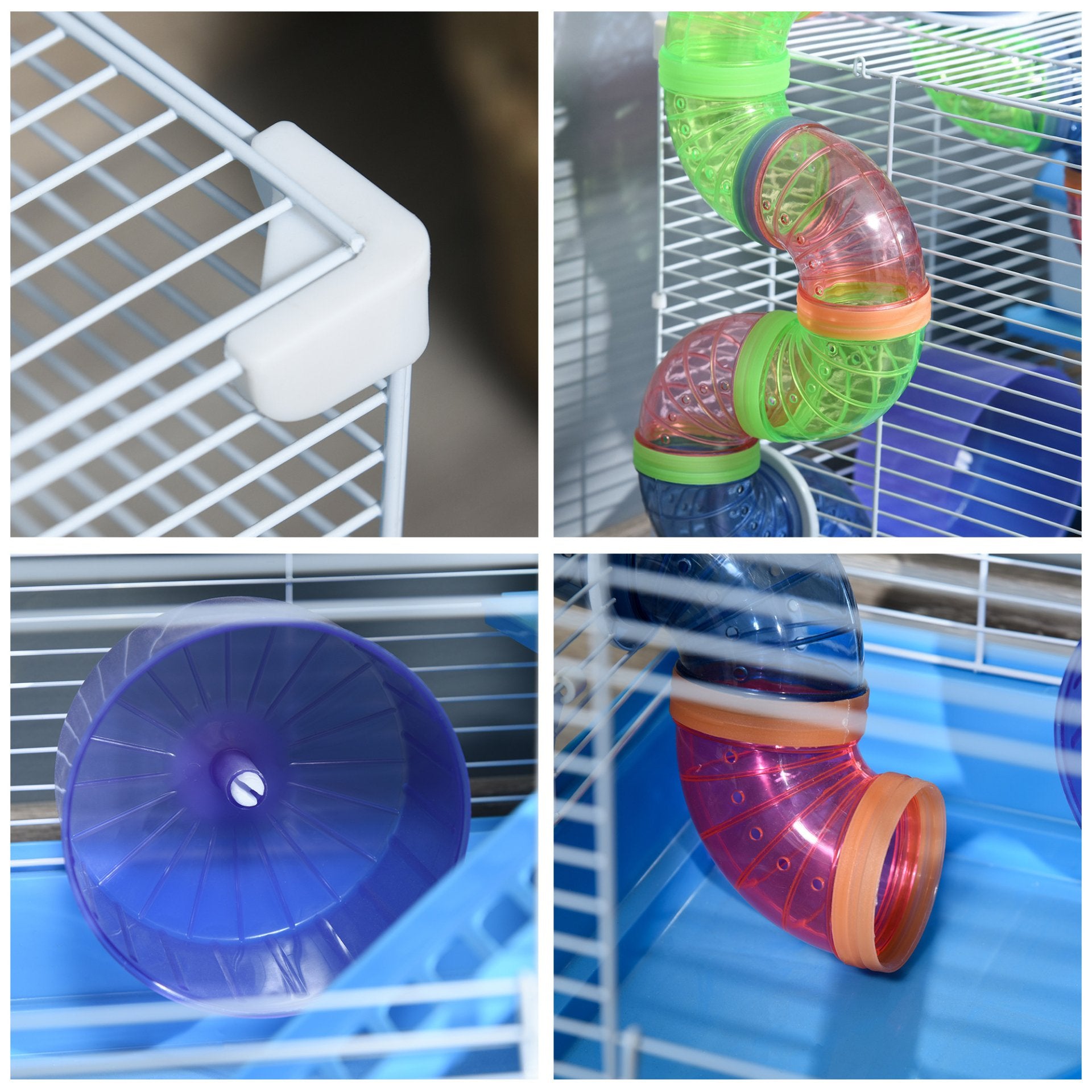 Pawhut 2 Tier Hamster Cage Carrier Habitat Small Animal House with Exercise Wheels Tunnel Tube Water Bottle Dishes House Ladder for Dwarf Mice, Blue - Baig Merchant