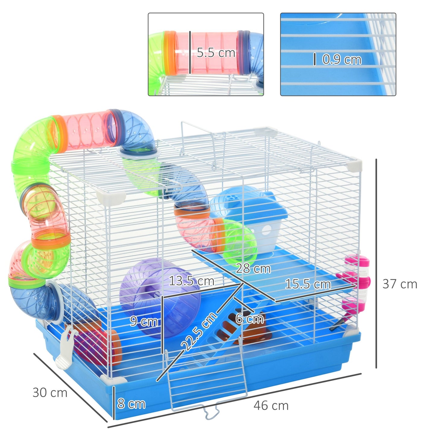 Pawhut 2 Tier Hamster Cage Carrier Habitat Small Animal House with Exercise Wheels Tunnel Tube Water Bottle Dishes House Ladder for Dwarf Mice, Blue - Baig Merchant