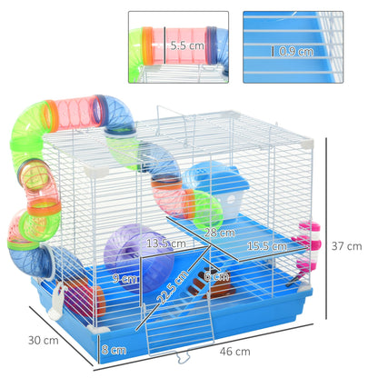 Pawhut 2 Tier Hamster Cage Carrier Habitat Small Animal House with Exercise Wheels Tunnel Tube Water Bottle Dishes House Ladder for Dwarf Mice, Blue - Baig Merchant