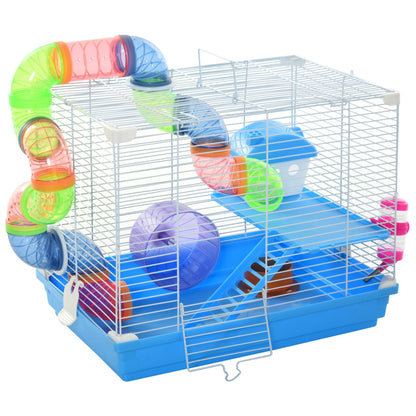 Pawhut 2 Tier Hamster Cage Carrier Habitat Small Animal House with Exercise Wheels Tunnel Tube Water Bottle Dishes House Ladder for Dwarf Mice, Blue - Baig Merchant