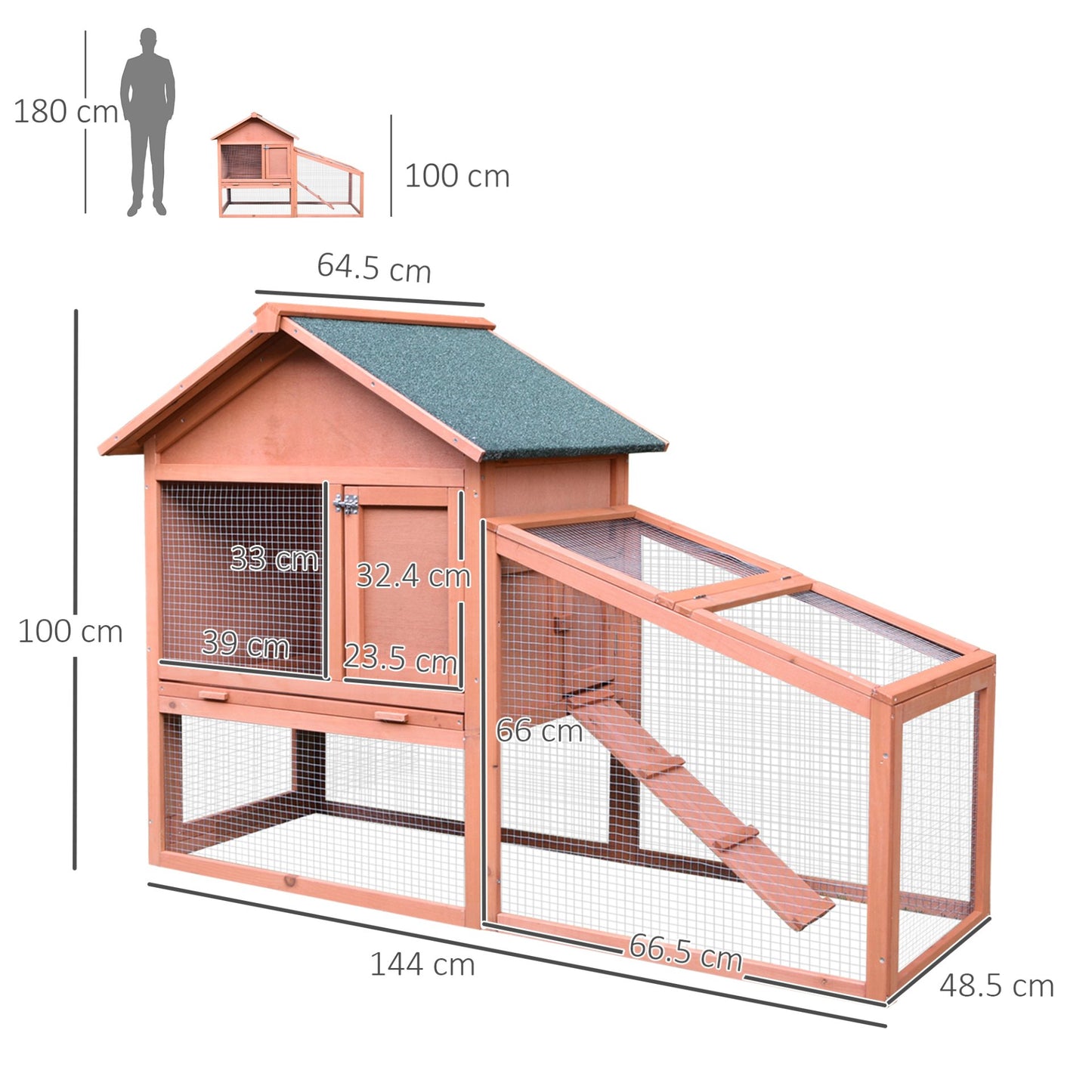 PawHut 2 Tier Rabbit Hutch Outdoor, Guinea Pig Hutch, Solid Wood Bunny House, Water Resistant Asphalt Roof Ramp Sliding tray 144 x 64.5 x 100 cm - Baig Merchant