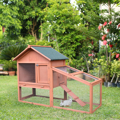 PawHut 2 Tier Rabbit Hutch Outdoor, Guinea Pig Hutch, Solid Wood Bunny House, Water Resistant Asphalt Roof Ramp Sliding tray 144 x 64.5 x 100 cm - Baig Merchant