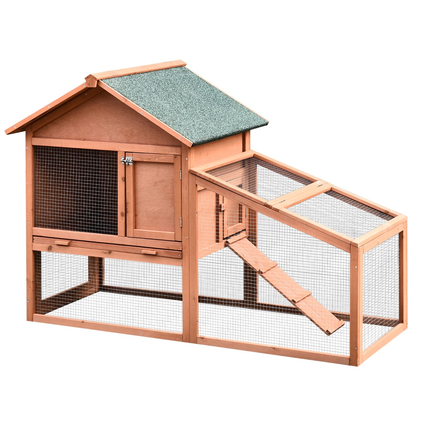 PawHut 2 Tier Rabbit Hutch Outdoor, Guinea Pig Hutch, Solid Wood Bunny House, Water Resistant Asphalt Roof Ramp Sliding tray 144 x 64.5 x 100 cm - Baig Merchant