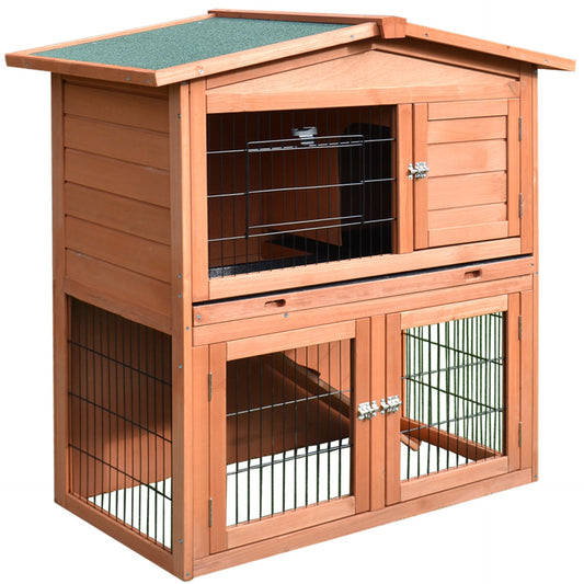 PawHut 2 - Tier Rabbit Hutch Outdoor, Large Guinea Pig Hutch, Bunny Cage with Ramp, Rabbit Run, Slide Out Tray for Indoor 100.5 x 55 x 101 cm - Baig Merchant