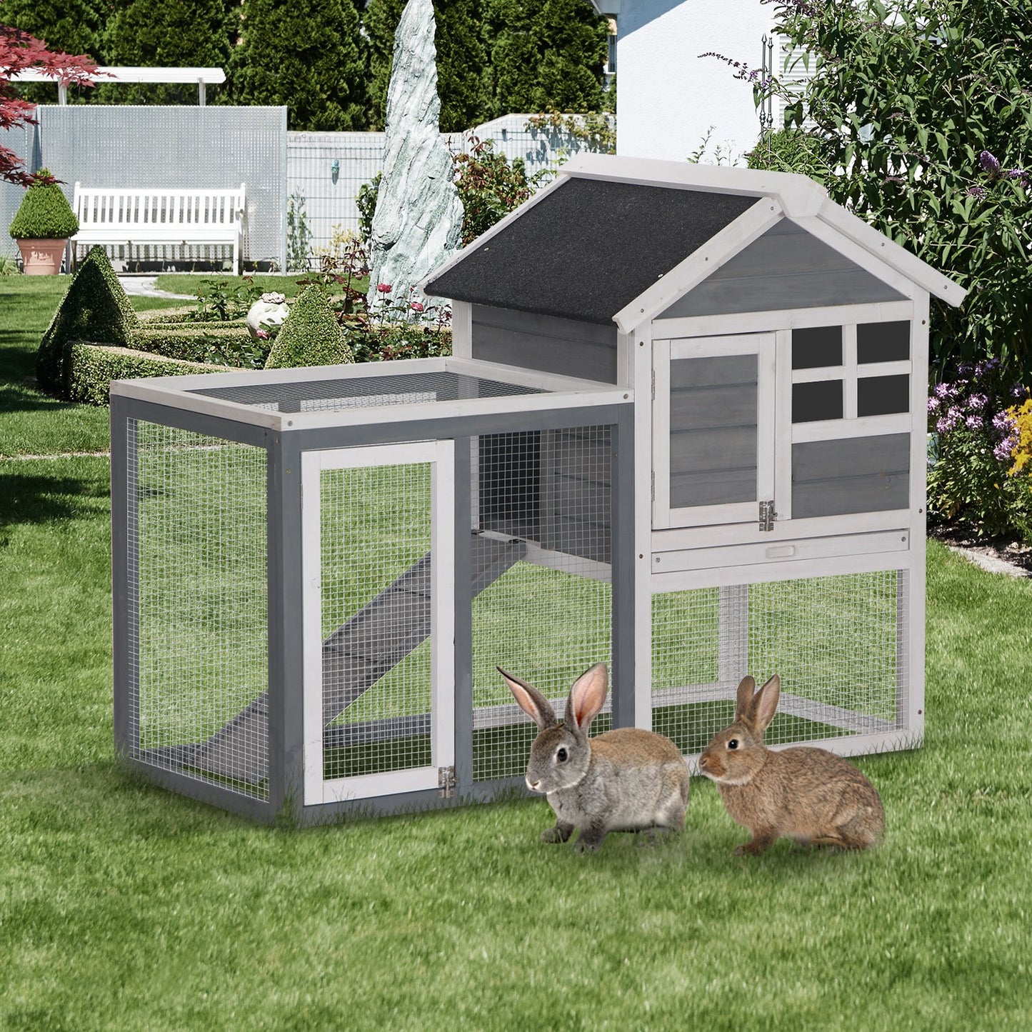 PawHut 2 Tier Rabbit Hutch Outdoor, Wooden Guinea Pig Hutch, Bunny Cage Small Animal House with Ramp, Rabbit Run Pull Out Tray, Grey, 122 x 62.6 x 92 cm - Baig Merchant