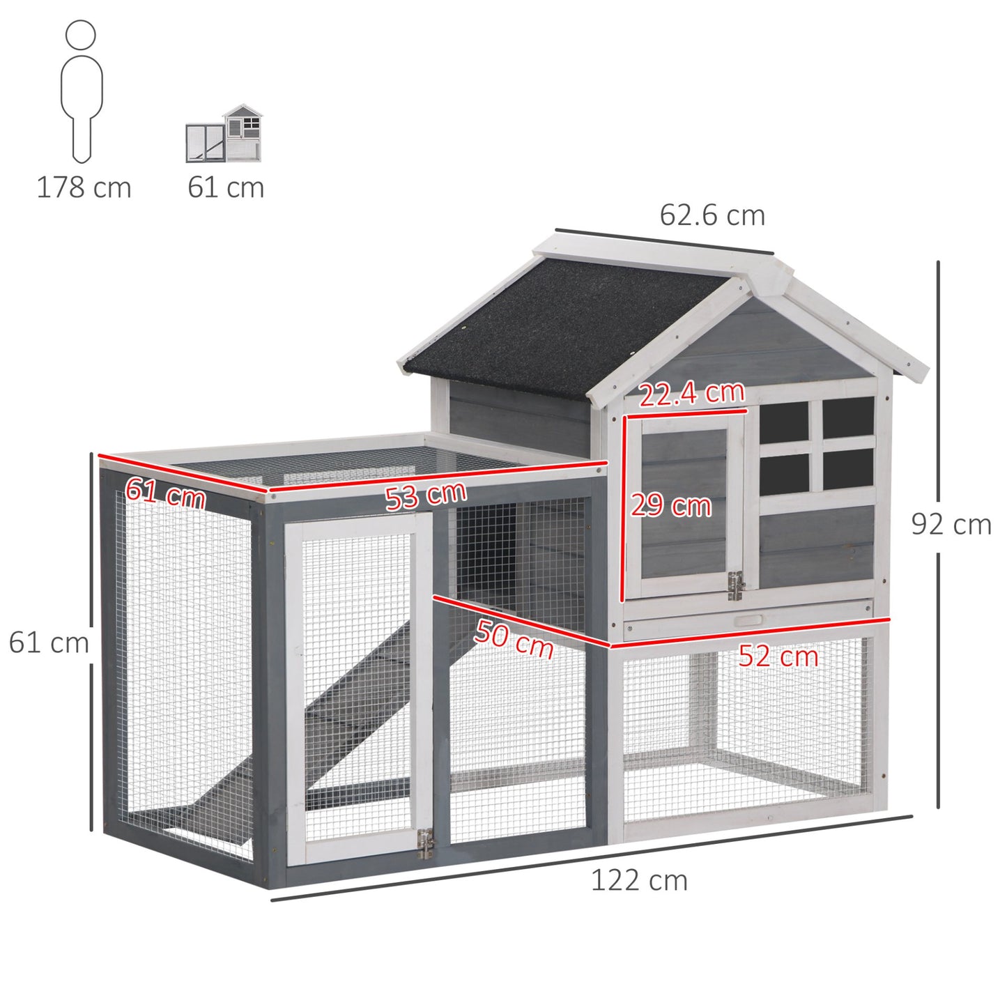 PawHut 2 Tier Rabbit Hutch Outdoor, Wooden Guinea Pig Hutch, Bunny Cage Small Animal House with Ramp, Rabbit Run Pull Out Tray, Grey, 122 x 62.6 x 92 cm - Baig Merchant