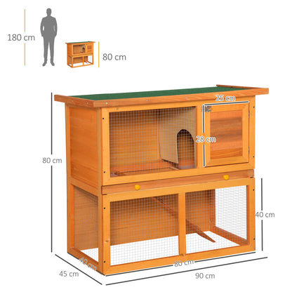 PawHut 2 - Tier Rabbit Hutch Wooden Guinea Pig Hutch Double Decker Pet Cage Run with Sliding Tray Opening Top - Baig Merchant