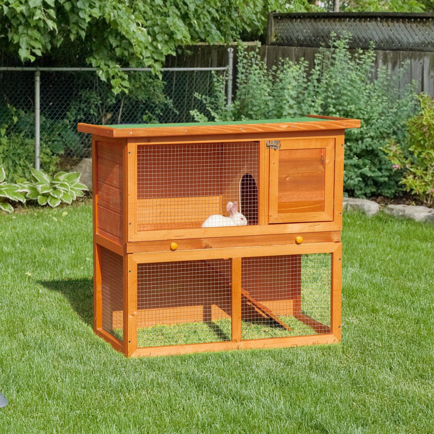 PawHut 2 - Tier Rabbit Hutch Wooden Guinea Pig Hutch Double Decker Pet Cage Run with Sliding Tray Opening Top - Baig Merchant