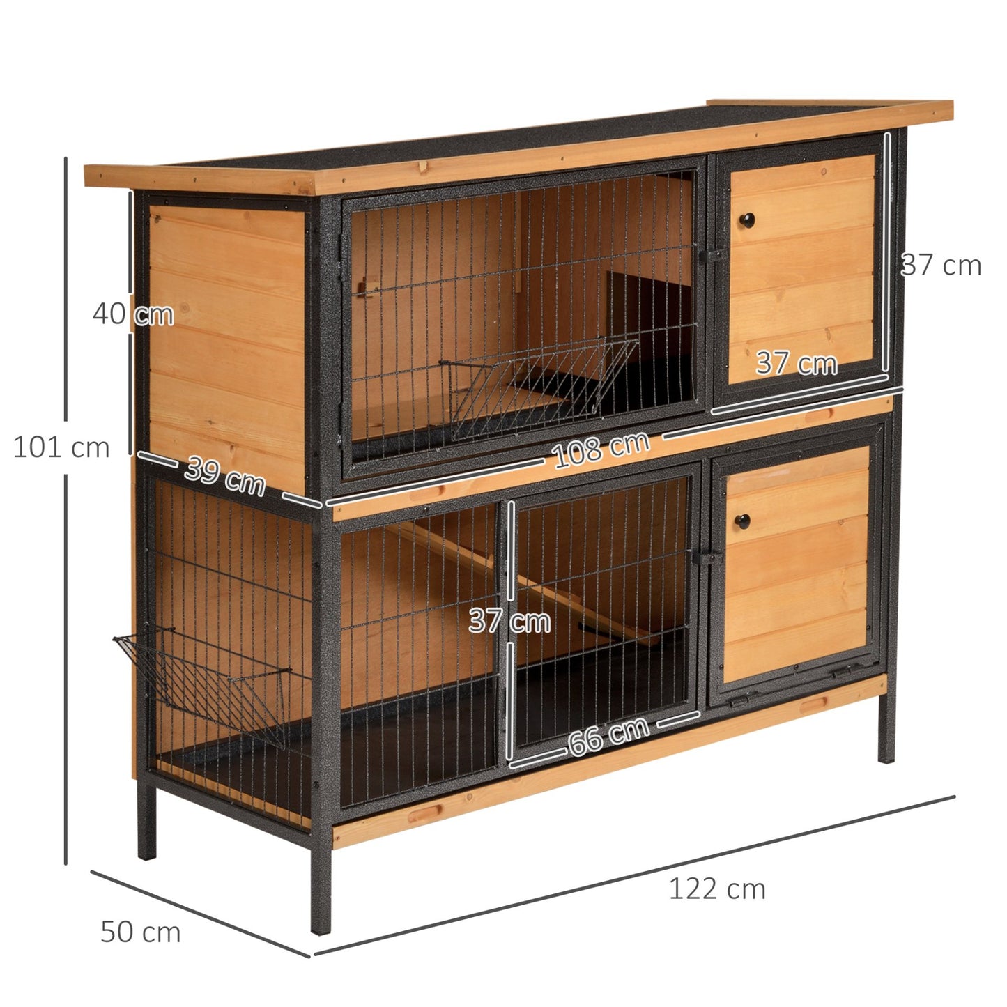 PawHut 2 Tier Wooden Rabbit Hutch - Elevated Pet House with Slide - Out Tray, Feeding Troughs, Ramp, and Lockable Doors - Light Yellow, 122 x 50 x 101 cm - Baig Merchant