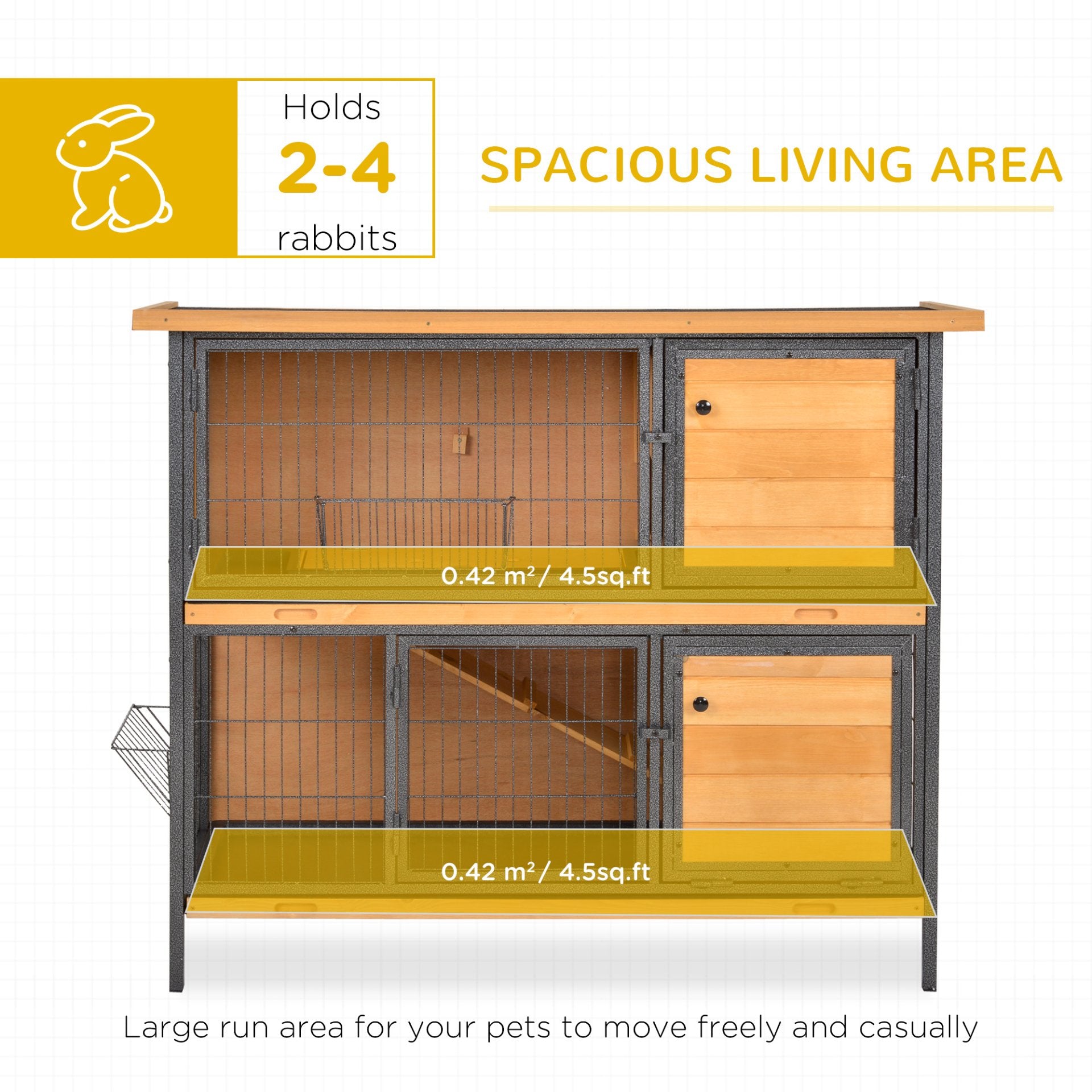 PawHut 2 Tier Wooden Rabbit Hutch - Elevated Pet House with Slide - Out Tray, Feeding Troughs, Ramp, and Lockable Doors - Light Yellow, 122 x 50 x 101 cm - Baig Merchant