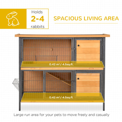 PawHut 2 Tier Wooden Rabbit Hutch - Elevated Pet House with Slide - Out Tray, Feeding Troughs, Ramp, and Lockable Doors - Light Yellow, 122 x 50 x 101 cm - Baig Merchant