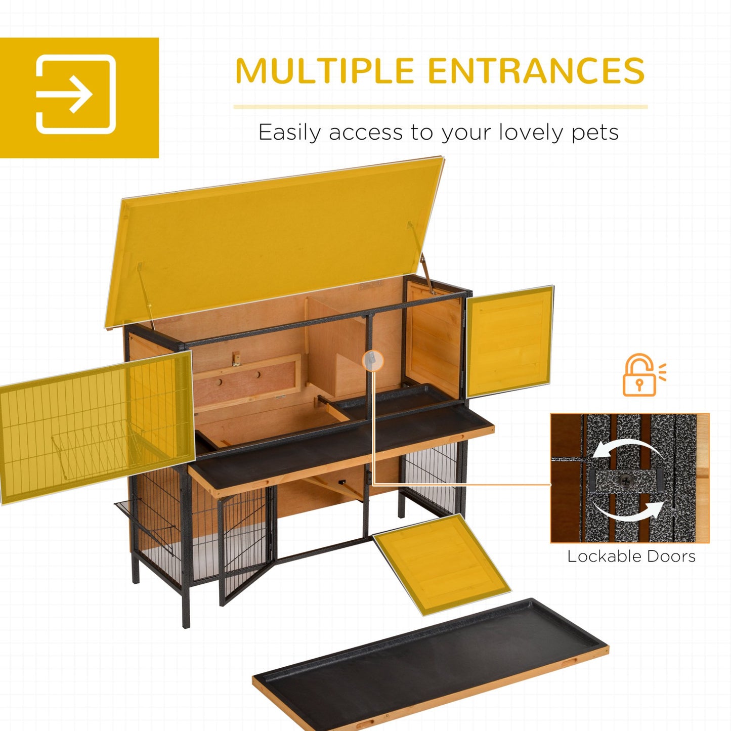 PawHut 2 Tier Wooden Rabbit Hutch - Elevated Pet House with Slide - Out Tray, Feeding Troughs, Ramp, and Lockable Doors - Light Yellow, 122 x 50 x 101 cm - Baig Merchant