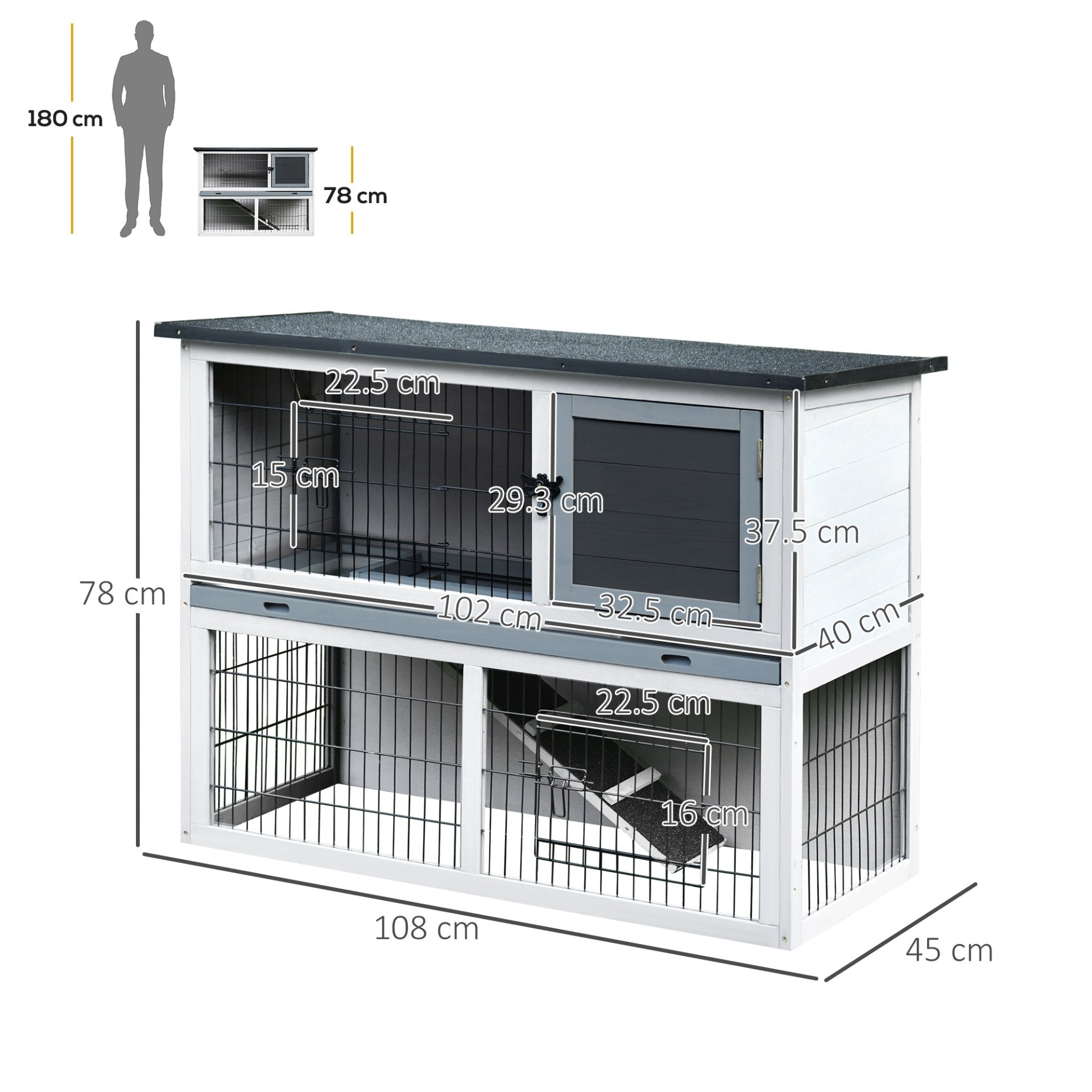 PawHut 2 - Tier Wooden Rabbit Hutch Guinea Pig House Bunny Cage Backyard w/ Ramp Outdoor Run Built - in Tray Openable Roof Small Animal House Grey, 108 x 45 x 78 cm - Baig Merchant