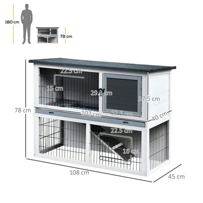 PawHut 2 - Tier Wooden Rabbit Hutch Guinea Pig House Bunny Cage Backyard w/ Ramp Outdoor Run Built - in Tray Openable Roof Small Animal House Grey, 108 x 45 x 78 cm - Baig Merchant