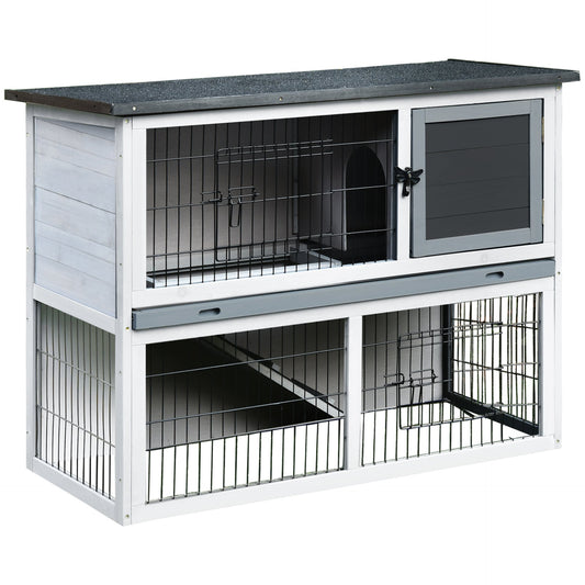 PawHut 2 - Tier Wooden Rabbit Hutch Guinea Pig House Bunny Cage Backyard w/ Ramp Outdoor Run Built - in Tray Openable Roof Small Animal House Grey, 108 x 45 x 78 cm - Baig Merchant