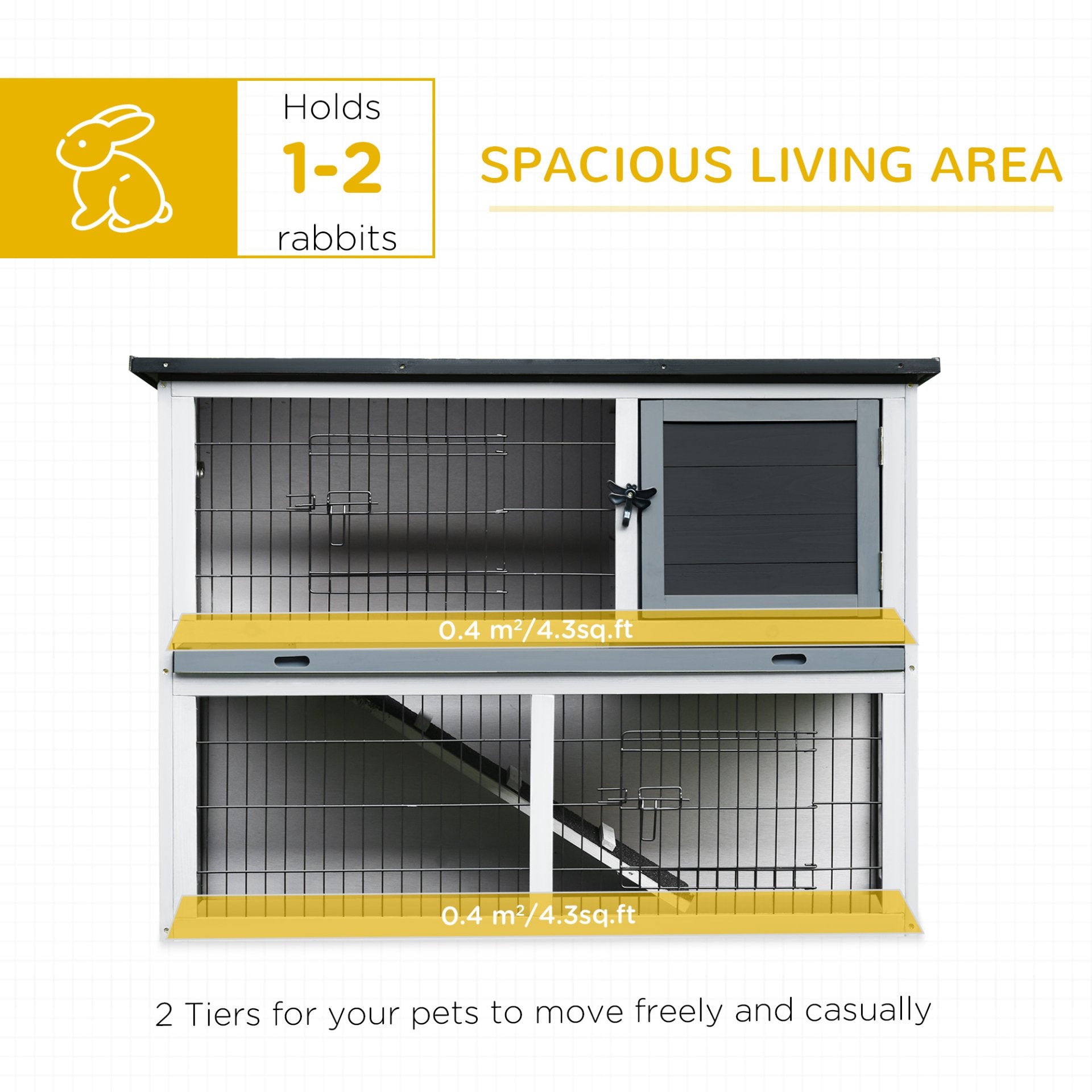 PawHut 2 - Tier Wooden Rabbit Hutch Guinea Pig House Bunny Cage Backyard w/ Ramp Outdoor Run Built - in Tray Openable Roof Small Animal House Grey, 108 x 45 x 78 cm - Baig Merchant