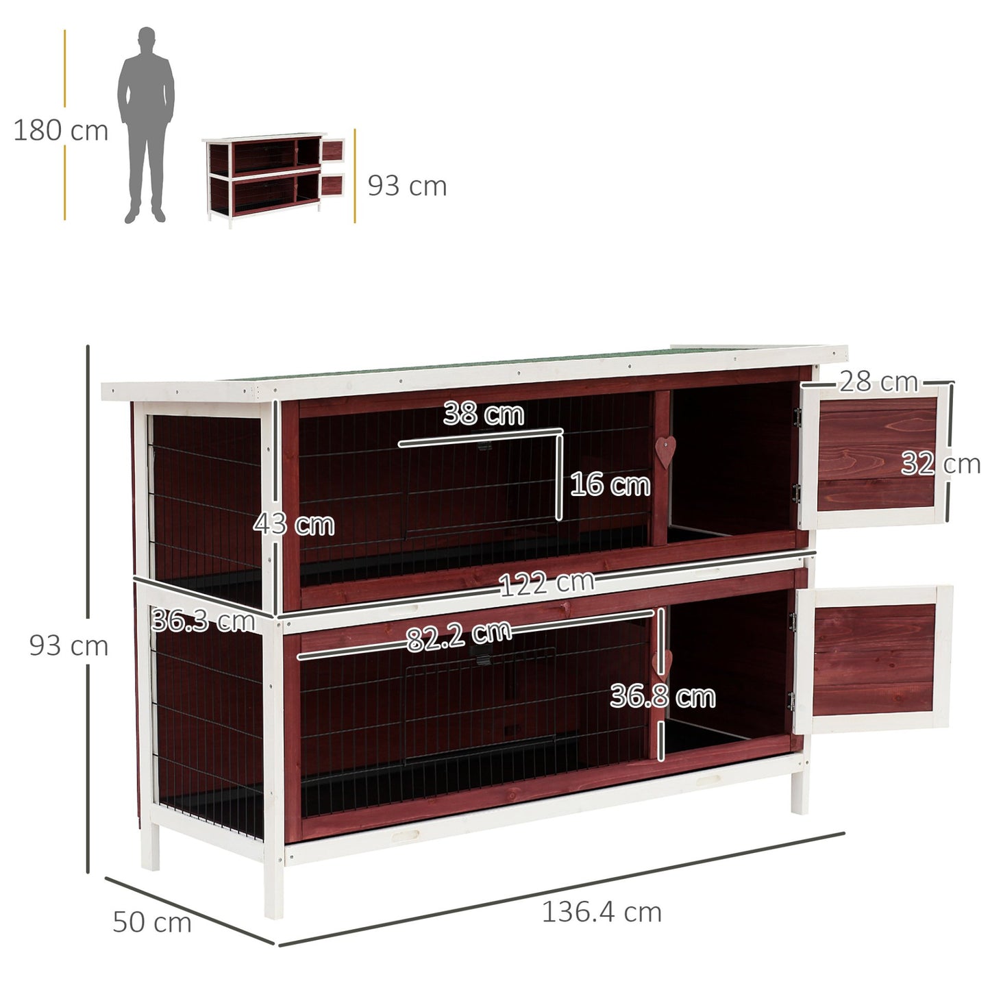 Pawhut 2 Tier Wooden Rabbit Hutch Guinea Pigs Hutch Small Pet Animal Ferret Bunny House Cage for Indoor and Outdoor 136.4x50x93cm - Baig Merchant