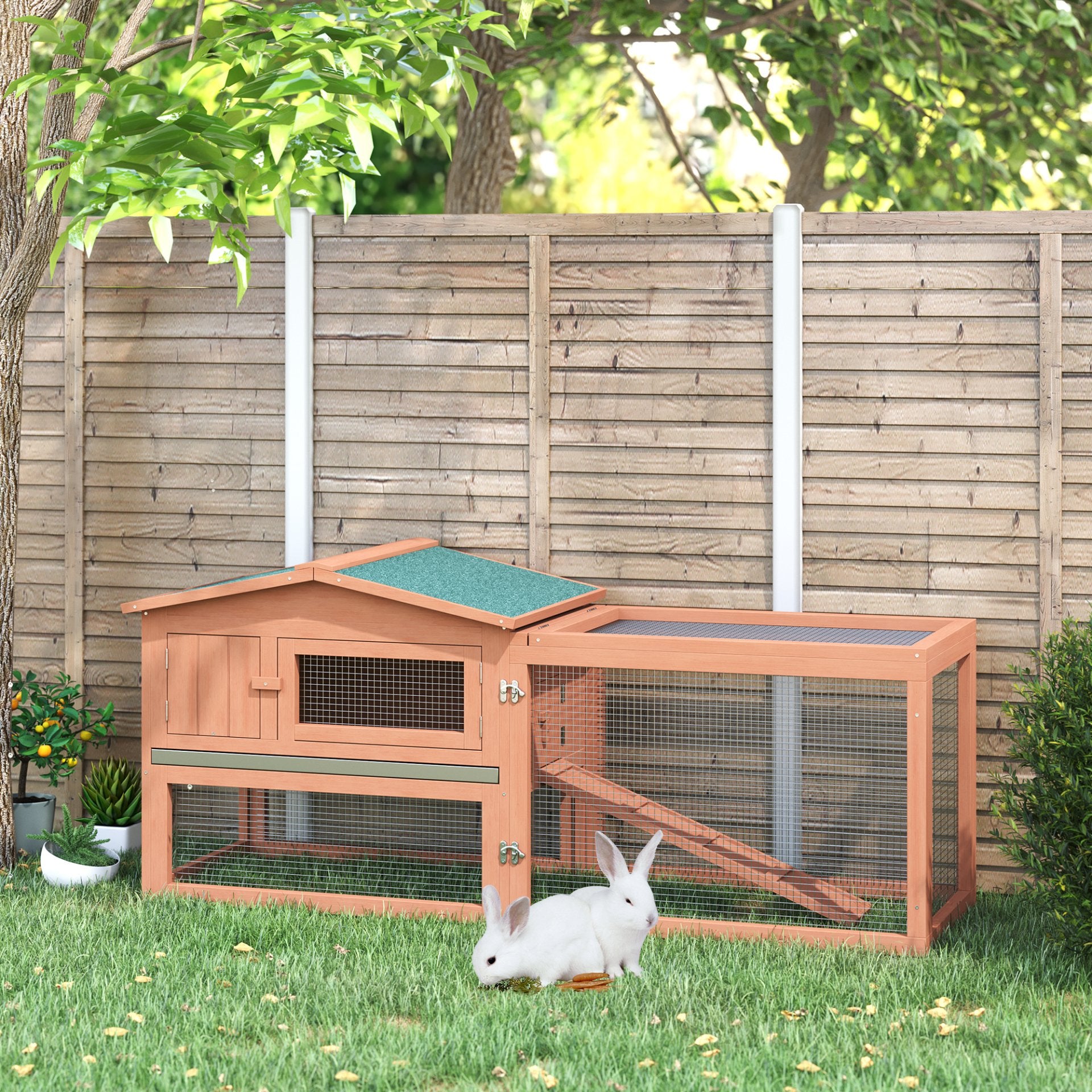 Pawhut 2 Tier Wooden Rabbit Hutch with Run Guinea Pig hutch House for Outdoor Garden Backyard - Baig Merchant