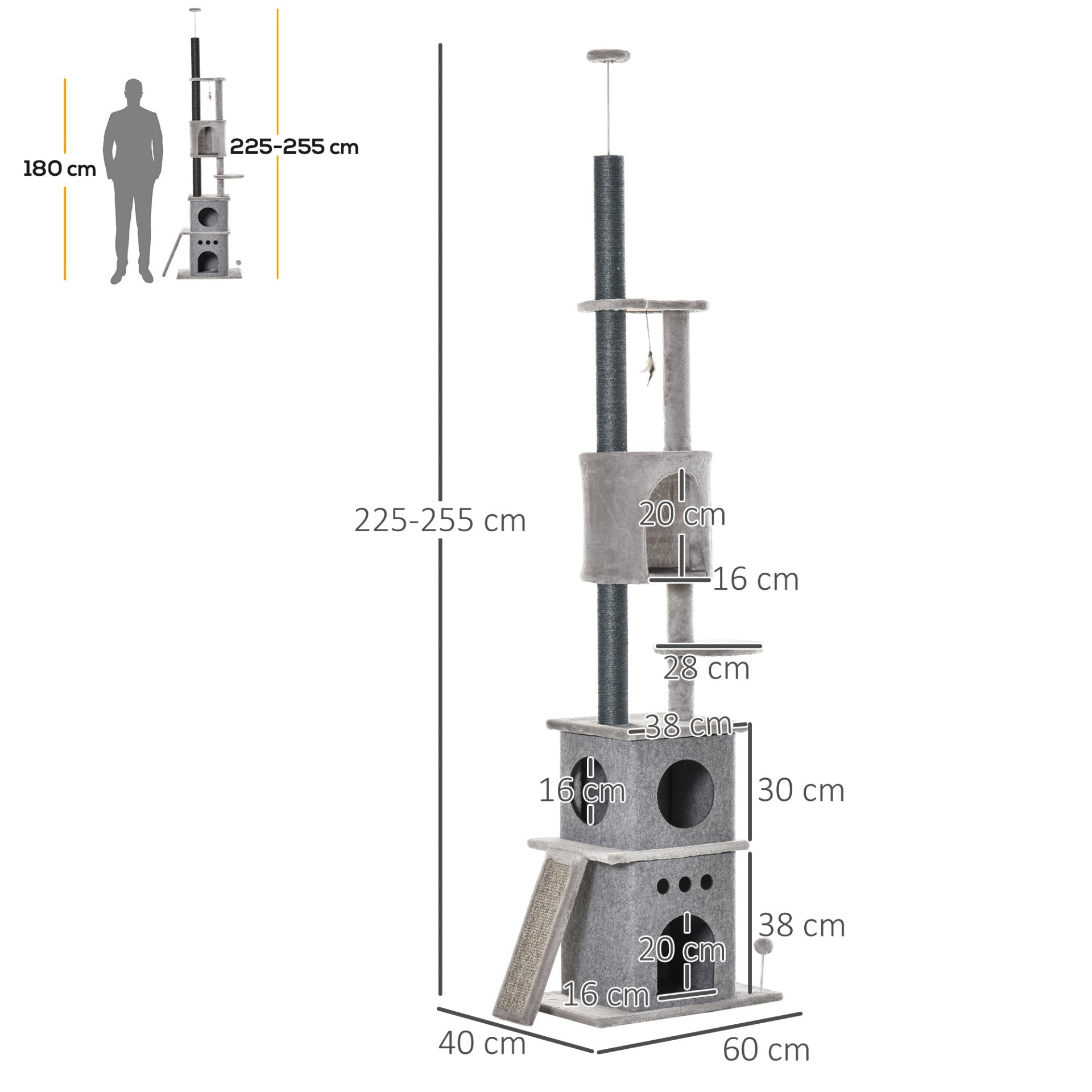 PawHut 255cm Floor To Ceiling Cat Tree for Indoor Cats Climber Scratching Post Adjustable Height Play Tower Removable Cover Grey - Baig Merchant