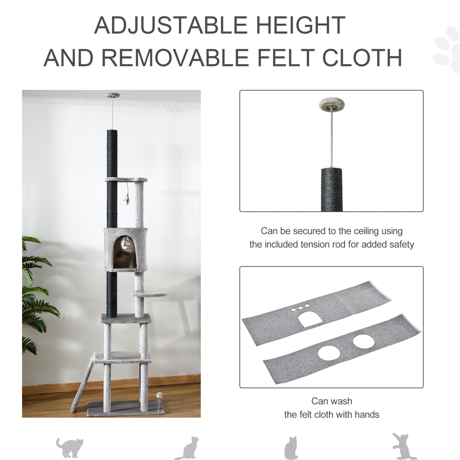 PawHut 255cm Floor To Ceiling Cat Tree for Indoor Cats Climber Scratching Post Adjustable Height Play Tower Removable Cover Grey - Baig Merchant