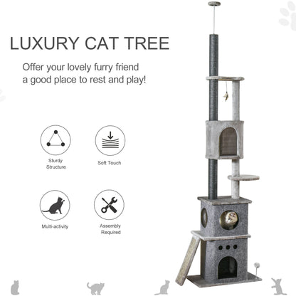 PawHut 255cm Floor To Ceiling Cat Tree for Indoor Cats Climber Scratching Post Adjustable Height Play Tower Removable Cover Grey - Baig Merchant